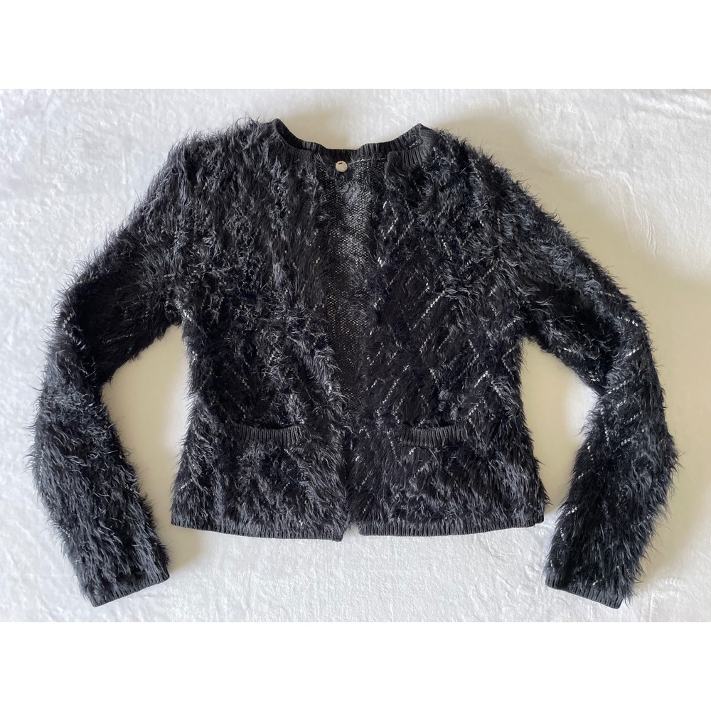 Margaret O'Leary Black Fuzzy Diamond Pattern Waist Length Cardigan Jacket Small